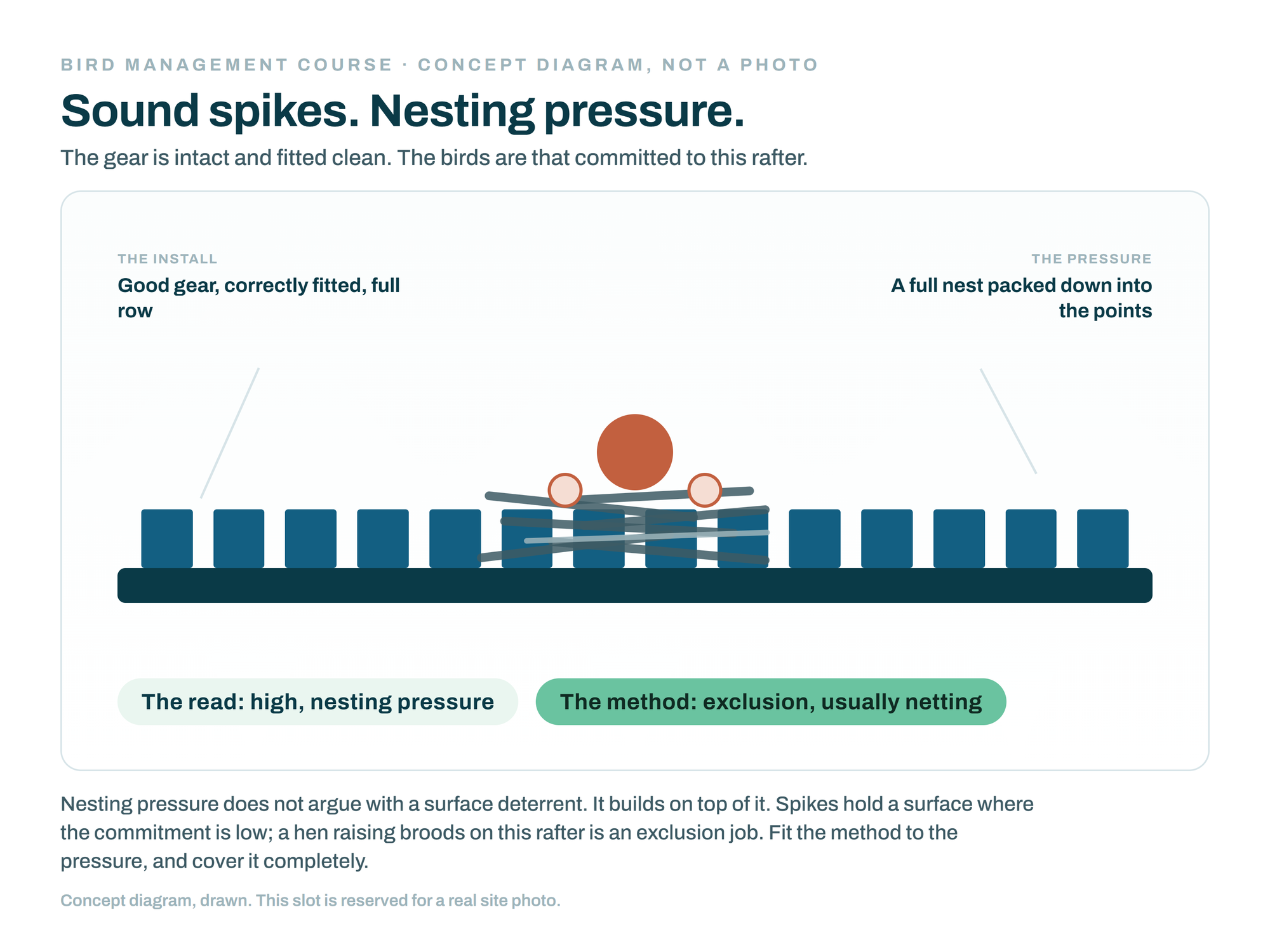 Bird Management Course, module 1: session 01, concept diagram, a full pigeon nest built down into an intact, correctly fitted row of bird spikes on a rafter; nesting pressure calls for exclusion.
