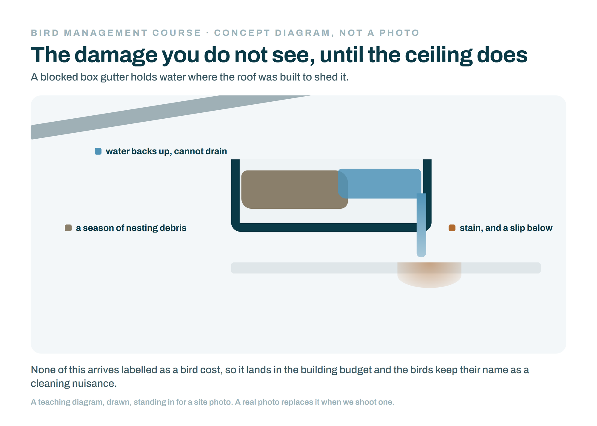 Concept diagram (not a photo): a box gutter blocked with nesting debris, water backing up and staining the ceiling below. Bird Management Course, session 03.