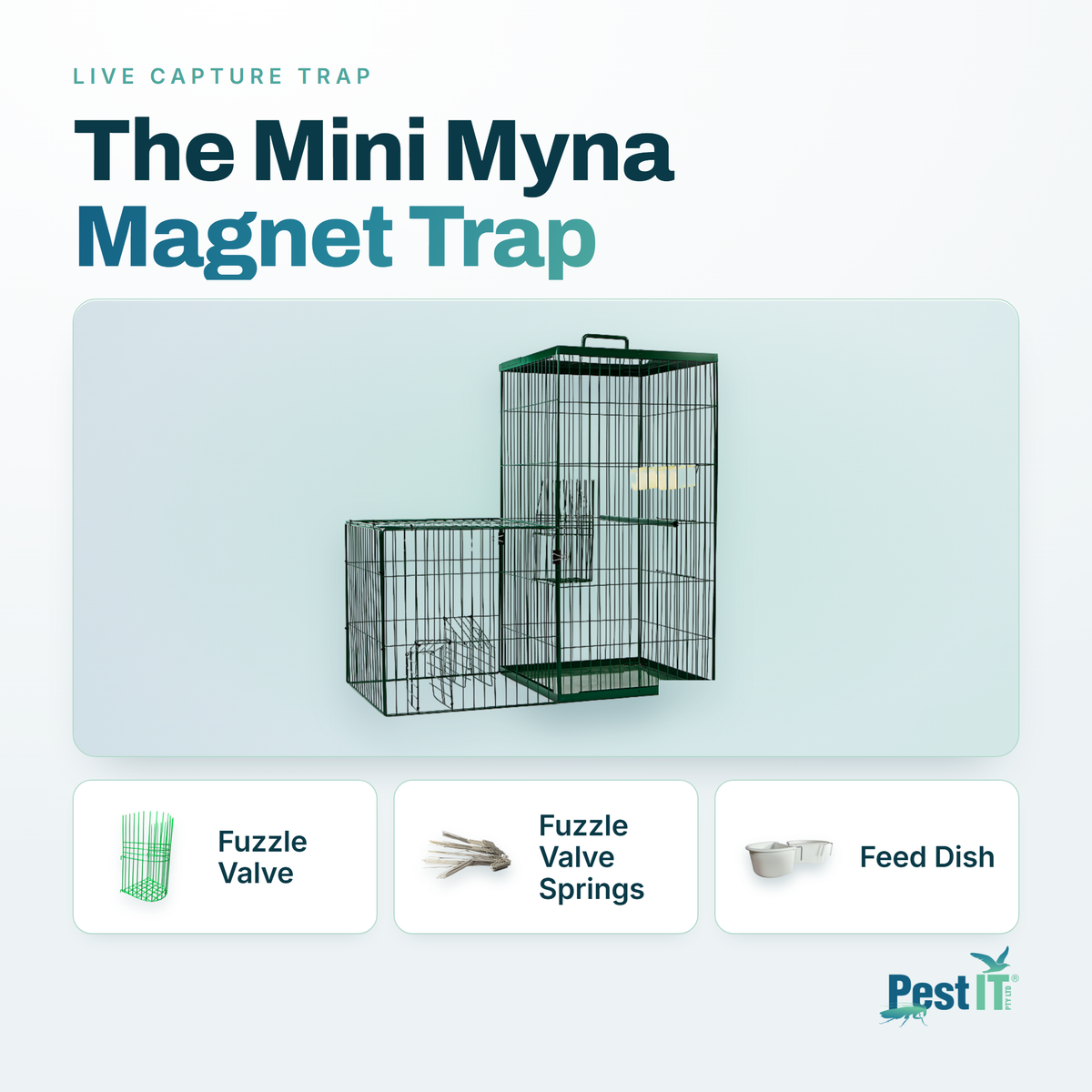 The Mini Myna Magnet Trap kit: the trap, the Fuzzle Valve, the Fuzzle Valve Springs and the Feed Dish